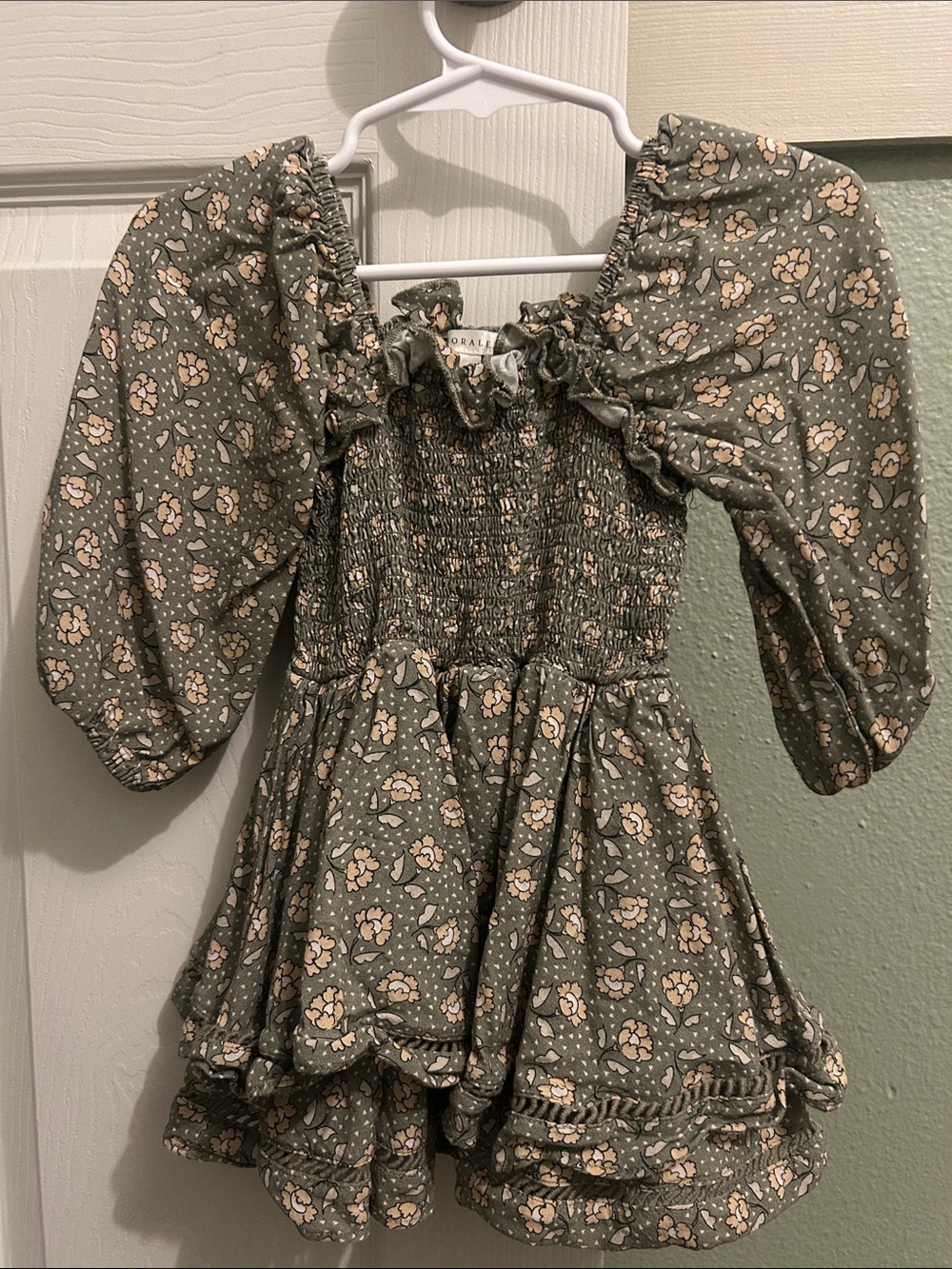 Smocked Floral Puff-Sleeve Kids Dress - Olive Green